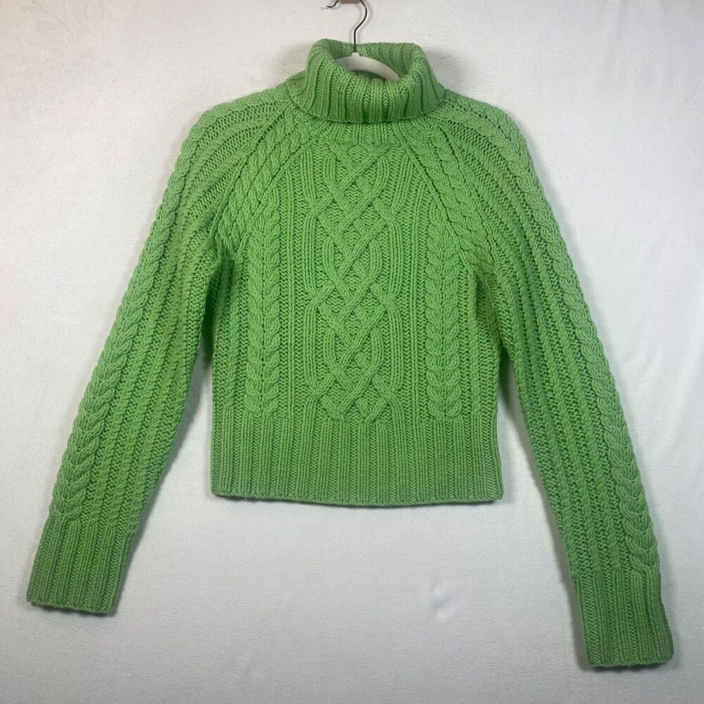 Express Hand Knit 100% Merino Wool Cable Knit Turtleneck Sweater Women’s M Green